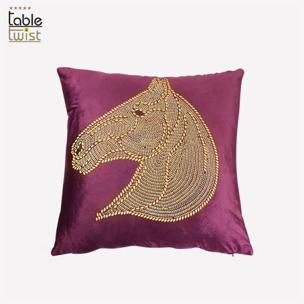 Pink Embroidered Velvet Beaded Horse Head Cushion Cover
