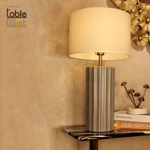 Grey Drum-Shaped Ceramic Table Lamp